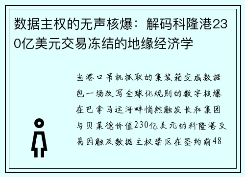 数据主权的无声核爆：解码科隆港230亿美元交易冻结的地缘经济学